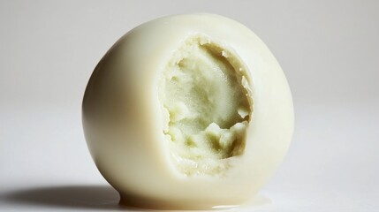 Creamy Green Dessert Sphere with Bite Taken Out on Neutral Background