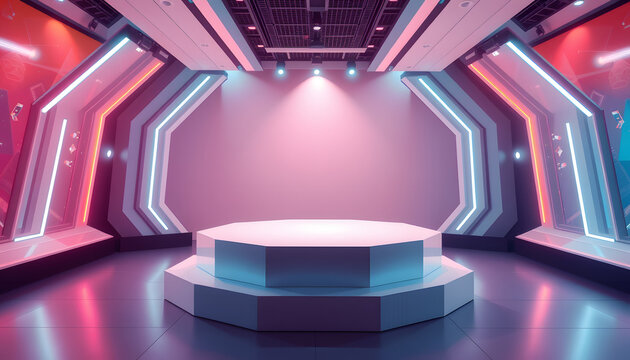 Neon-lit stage with octagonal platform