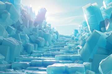 Obraz premium Frozen ice staircase surrounded by large ice blocks in a snowy landscape under a bright blue sky with clouds. Fantasy winter scene with icy steps leading upwards. Concept of frozen nature and winter.
