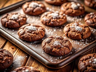 Delicious Homemade Chocolate Cookies with Powdered Sugar on Baking Sheet - Stock Photo