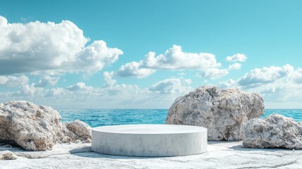 Minimalist Platform on Seaside Rock with Clear Blue Sky Background
