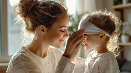 A mother adjusting her child's blindfold with love and care