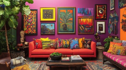A vibrant bohemian living room with a gallery wall featuring colorful art and a fiddle-leaf fig tree