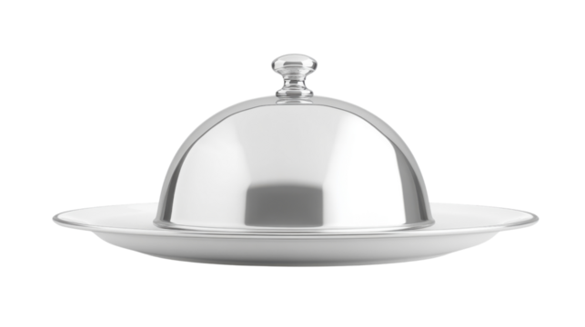 Silver serving cloche raised above empty plate transparent background