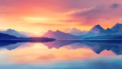 Obraz premium Serene Sunset Over Mountain Lake Landscape