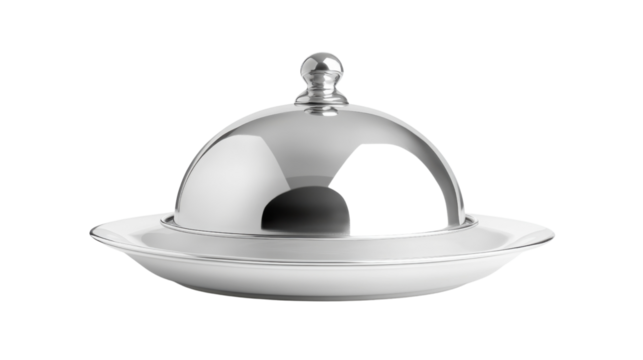 Silver serving cloche raised above empty plate transparent background