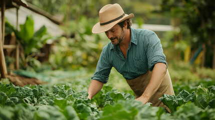 Close up of modern farmer in hat working