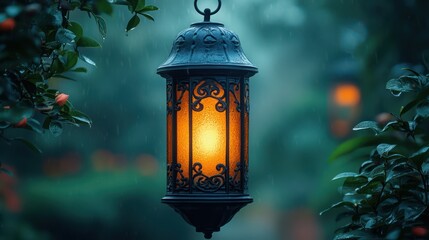 Rainy Night Lantern: A Serene Garden Scene
