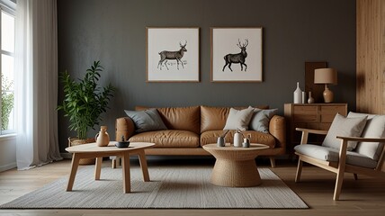 Cozy living room interior, Scandinavian style. Wooden furniture and elegant.