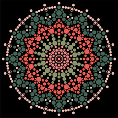 Dot painting beautiful mandala snowflake vector illustration multicolored on black background