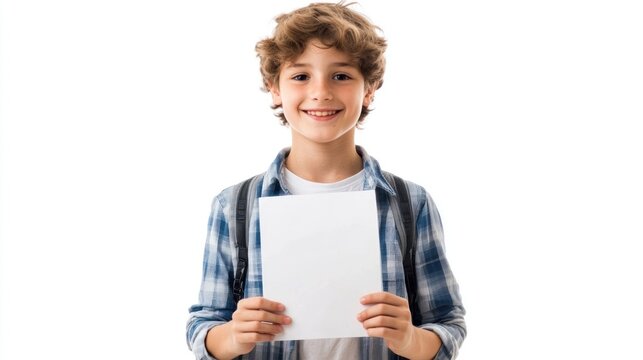 Smiling boy holding blank paper.