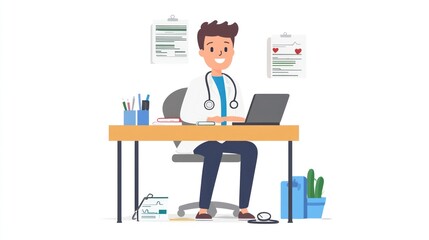 Smiling doctor sits at desk using laptop, charts on wall.