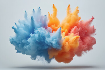 Fototapeta premium A dynamic distribution of blue, orange, pink, and yellow mixed to form clouds on a white background.
