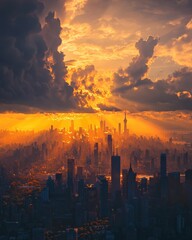 Fototapeta premium A vibrant city skyline bathed in the warm glow of a setting sun, with dramatic clouds in the background