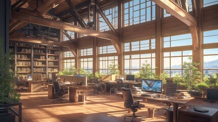 Obraz premium Contemporary loft workspace design featuring sleek furniture, open layout, industrial elements, large windows, minimalist decor, and a vibrant atmosphere for creativity and collaboration