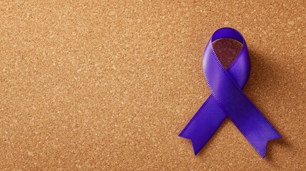 Elegant Purple Ribbon on a Textured Cork Background Symbolizing Awareness, Support, and Hope for Various Causes Including Domestic Violence and Alzheimer’s Research