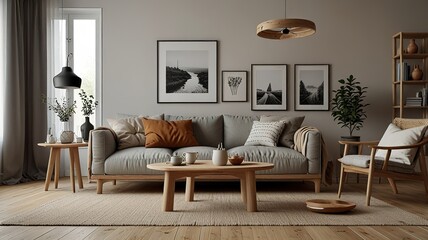 Cozy living room interior, Scandinavian style. Wooden furniture and elegant.