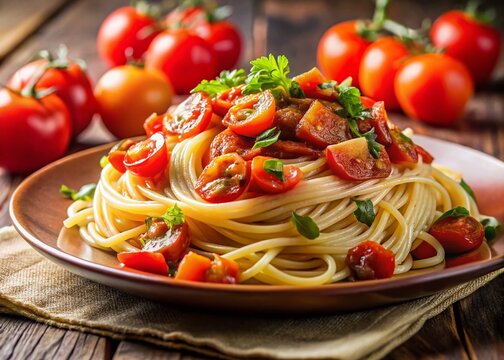 Delicious Pasta with Crispy Bacon and Juicy Tomatoes - Long Exposure Photography - Powered by Adobe