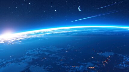 Fototapeta premium Aerial View from Near Space, capturing the stunning curvature of the Earth, vibrant blue atmosphere, and a breathtaking expanse of clouds at 20 kilometers altitude