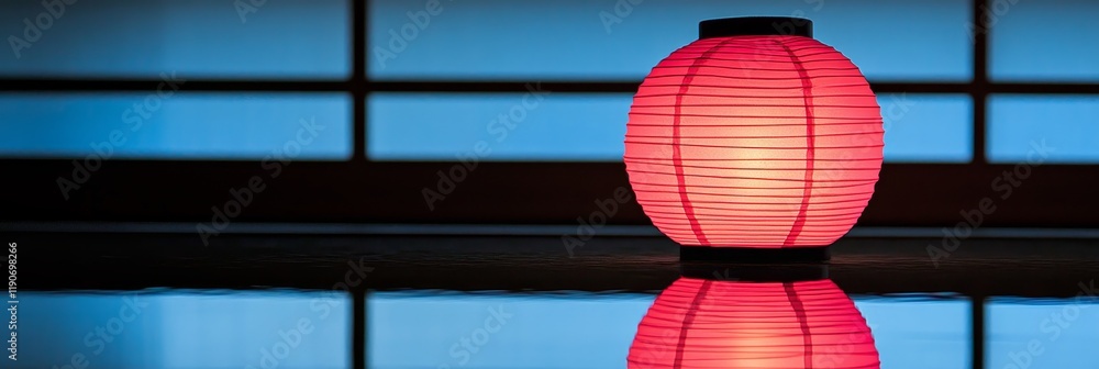 Poster elegant red paper lantern reflecting on a smooth surface with soft blue background lighting, creatin