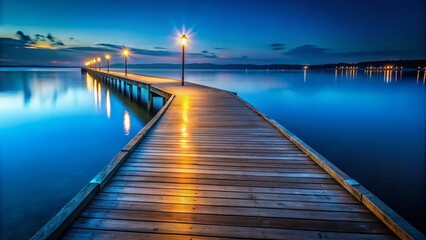 Obraz premium Moody Nighttime Pier on Calm Water - Low Light Photography