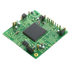 Complex Green Electronic Microchip Circuit Board with Integrated Chips and Components