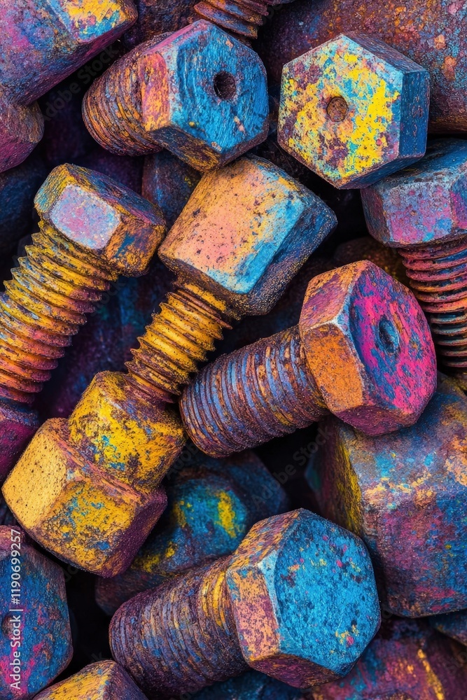 Poster a vibrant close-up of a pile of bolts and nuts with varying levels of rust and grime
