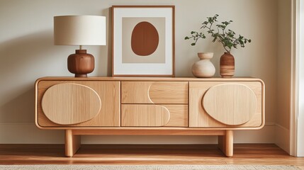 Modern Wooden Sideboard with Decorative Accessories in Bright Room