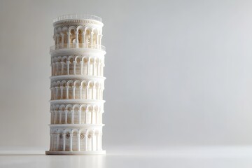 dynamic studio shot of miniature leaning tower of pisa model crafted from polished marble placed diagonally on bright