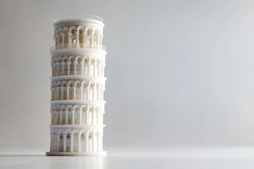 dynamic studio shot of miniature leaning tower of pisa model crafted from polished marble placed diagonally on bright