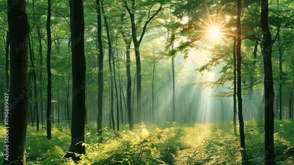 Aufkleber beautiful forest scene with sunlight rays filtering through trees, creating a serene and tranquil at