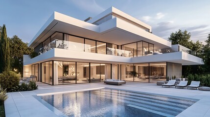 Fototapeta premium High Class Architectural Home with a Pool and Relaxing Terrace Views