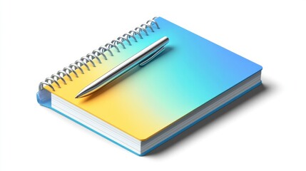 Spiral notepad with pen; gradient blue and yellow cover, isolated on white.