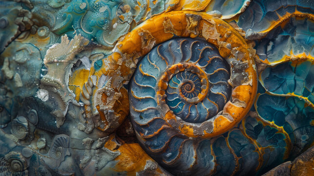Spiral shell with blue and orange colors