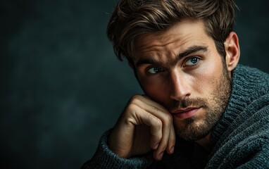 Fototapeta premium A serious man with a pensive expression on a dark gray background