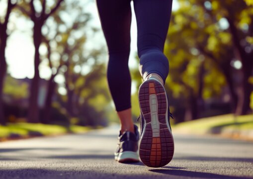 Focused shot of running shoes hitting the pavement, capturing the energy of an outdoor jog on a sunny day.

Plan serr&eacute; sur des chaussures de course frappant le bitume, capturant l'&eacute;nergie d'un jogging