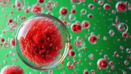 Fototapeta premium Colorful representation of microscopic cells in bubbles, illustrating concepts in science and healthcare related research