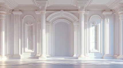 Obraz premium Sunlit classical interior with white marble columns and arched doorways.