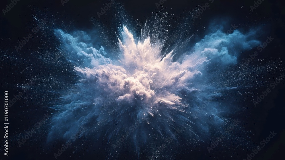 Poster abstract powder dust explosion in a wide format, showcasing dynamic swirls and vibrant colors agains