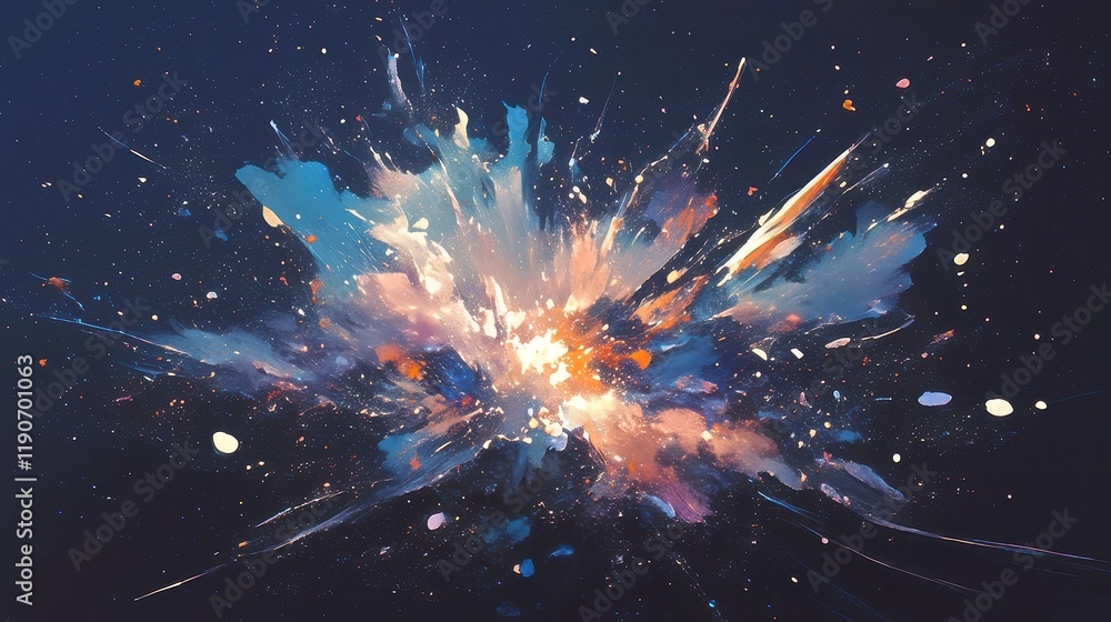 Poster abstract powder dust explosion creating a dynamic cloud effect against a deep black backdrop, showca