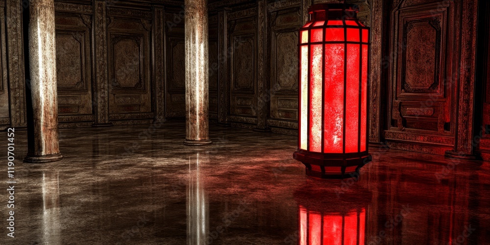 Poster enigmatic red lantern illuminating an abandoned room with intricate columns and reflective floor in 