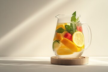 Fototapeta premium dynamic studio shot of sleek glass pitcher filled with infused water and tropical fruits placed on spotless white surface