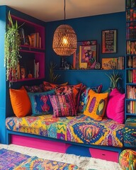 A vibrant corner reading nook with colorful cushions, a small bookshelf, and a hanging pendant lamp