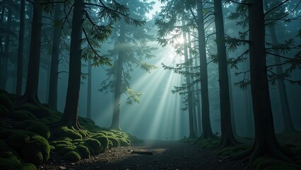 Obraz premium A misty forest path emerges at eye level, with verdant moss-adorned trees framing its enigmatic route to an unseen destination