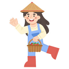 Illustration of a girl harvesting strawberries