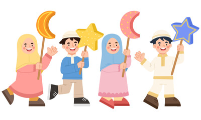 Illustration of happy Muslim children holding lanterns