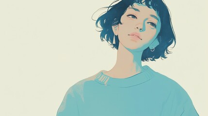 Illustration of a girl with short hair wearing a blue sweater