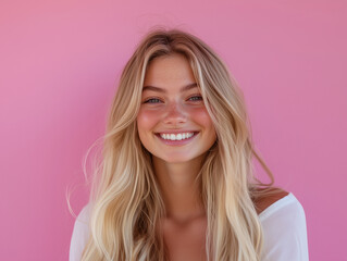 Fototapeta premium a smiling woman showcasing her long, perfectly groomed blonde hair. for a hair care product banner