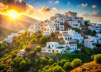 Naxos Island, Greece: Stunning Bokeh Photo of Whitewashed Koronos Village Houses on Lush Green Hills
