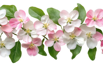 Delicate pink and white apple blossoms arranged in a graceful row, isolated on a pure white background, perfect for spring designs and celebrations.